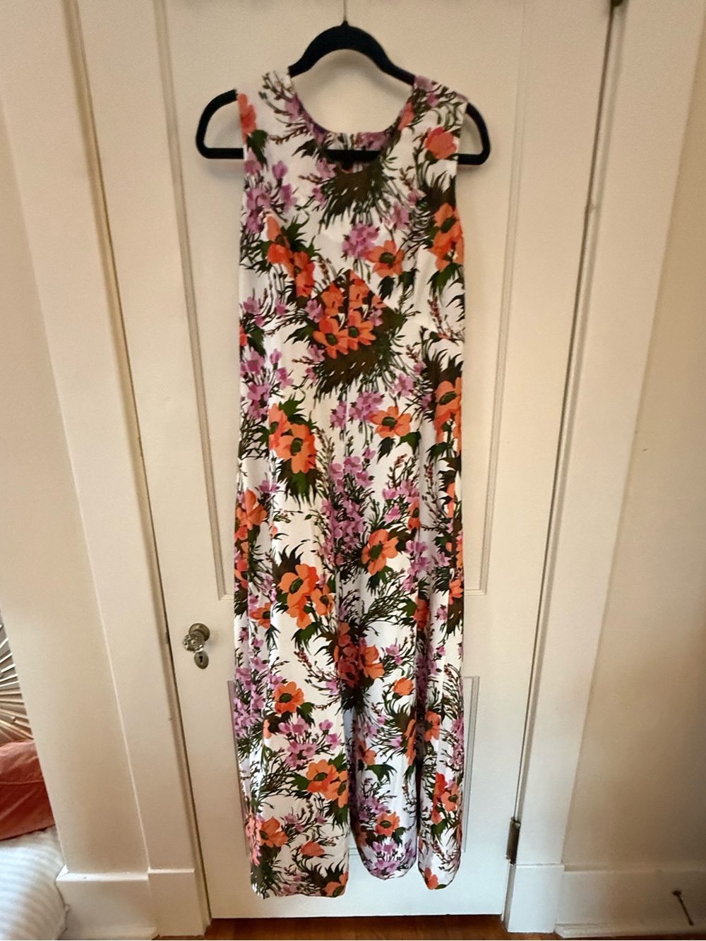 Vintage White Maxi Dress with Orange & Purple Floral Print : Handmade